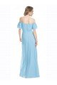 Outlet Spaghetti Straps Long Chiffon Off-The-Shoulder Bridesmaid Dress with Double Flounce Sleeves