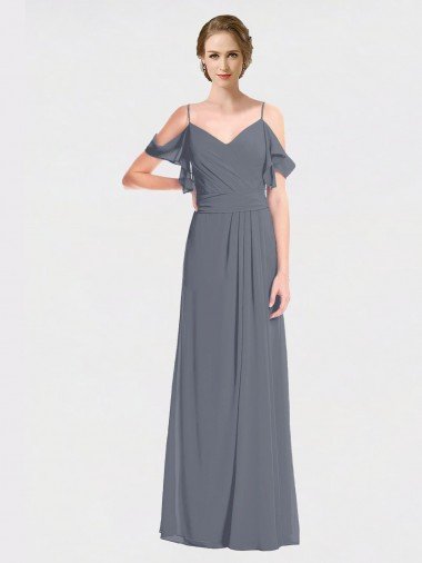Outlet Long Chiffon Spaghetti Strap V-Neck Bridesmaid Dress with Off-The-Shoulder Flutter Sleeves
