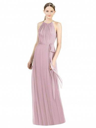 Outlet Shirred Halter Neck Long Chiffon Bridesmaid Dress