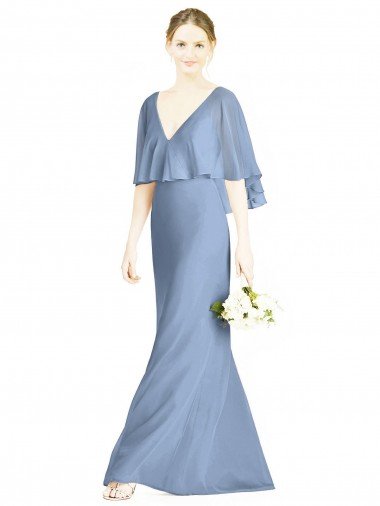 Outlet V-Back Trumpet Chiffon Bridesmaid Dress with Draped Cape Overlay