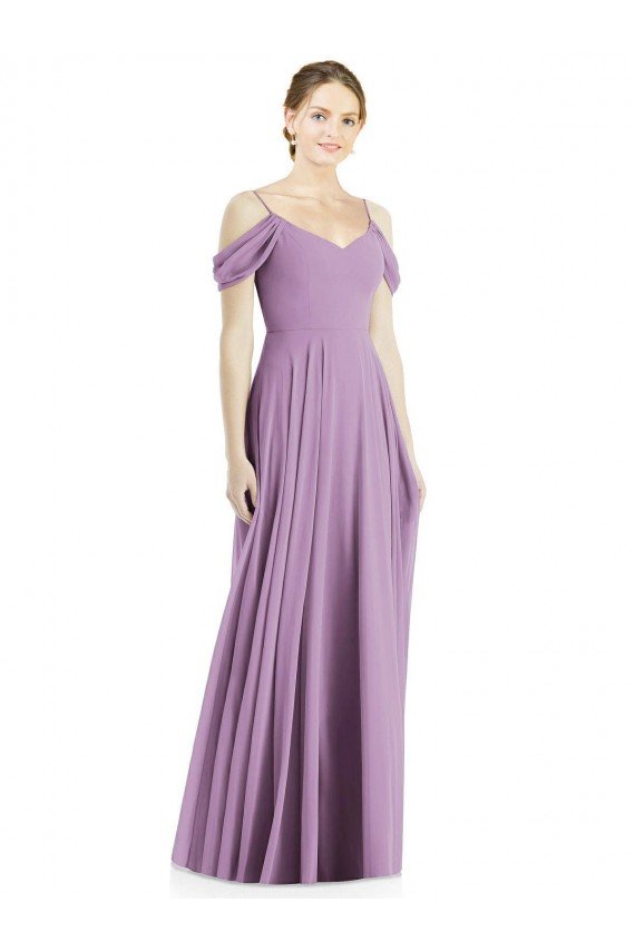 Outlet Off the Shoulder Open Cowl-Back Maxi Bridesmaid Dress