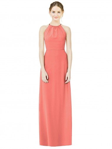 Outlet Open Back Shirred Halter Chiffon Bridesmaid Dress