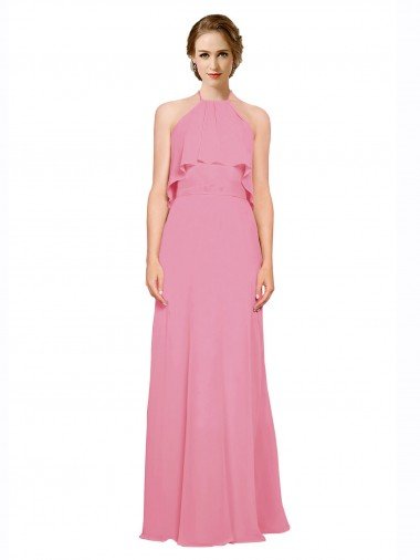 Outlet Ruffle Halter Neck A-Line Chiffon Bridesmaid Dress with Open Back