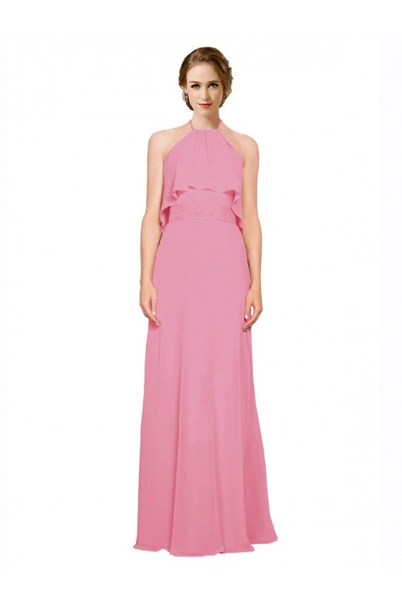 Outlet Ruffle Halter Neck A-Line Chiffon Bridesmaid Dress with Open Back