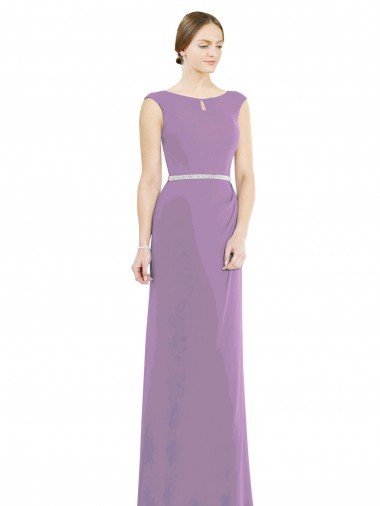 Outlet Long Chiffon Bridesmaid Dress with Boat Neckline and Keyhole