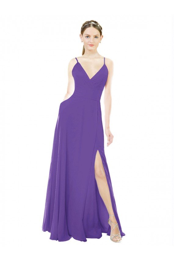 Outlet Long Chiffon A-Line Bridesmaid Dress with Deep V-Neckline and Side Slit
