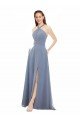 Outlet High Neck Chiffon Bridesmaid Dress with Draped Bodice & Pockets