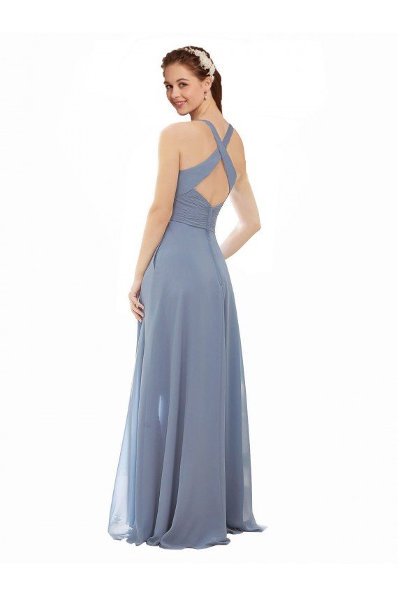 Outlet High Neck Chiffon Bridesmaid Dress with Draped Bodice & Pockets