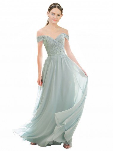 Outlet Romantic Bridesmaid Dress with Embroidered Off the Shoulder Bodice