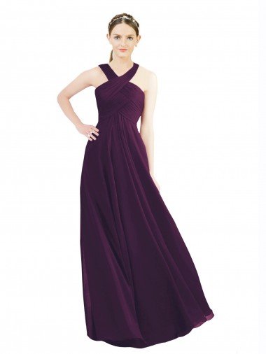 Outlet Draped Long Chiffon Bridesmaid Dress with Unique Crossed Neckline