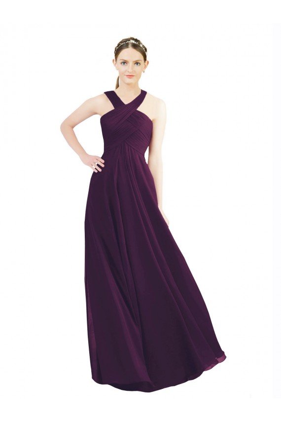 Outlet Draped Long Chiffon Bridesmaid Dress with Unique Crossed Neckline