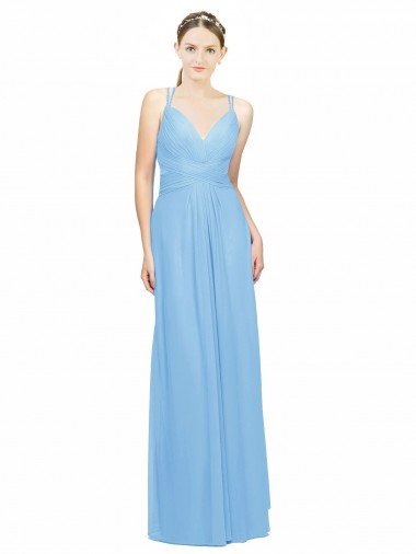 Outlet Double Straps Shoulder V-Neck Sheath Chiffon Bridesmaid Dress with Keyhole Back