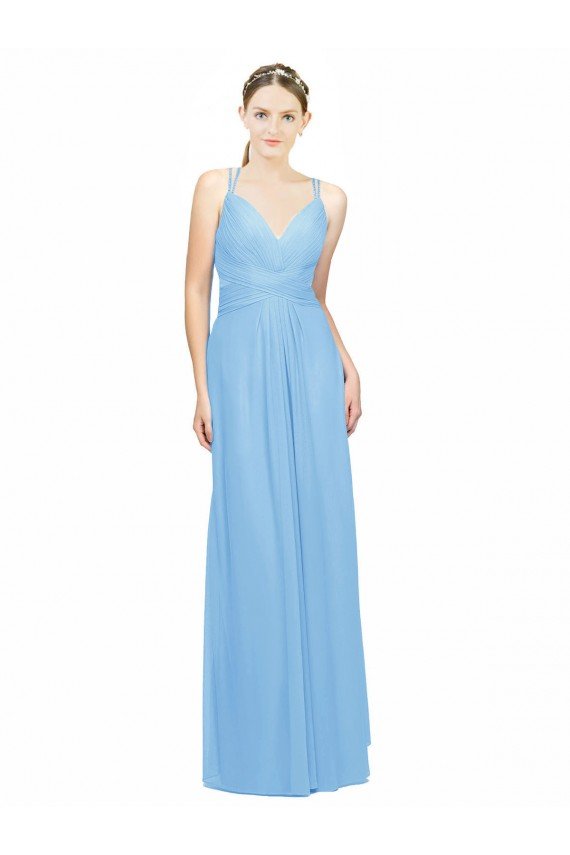 Outlet Double Straps Shoulder V-Neck Sheath Chiffon Bridesmaid Dress with Keyhole Back