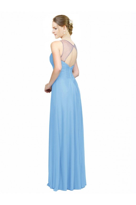 Outlet Double Straps Shoulder V-Neck Sheath Chiffon Bridesmaid Dress with Keyhole Back