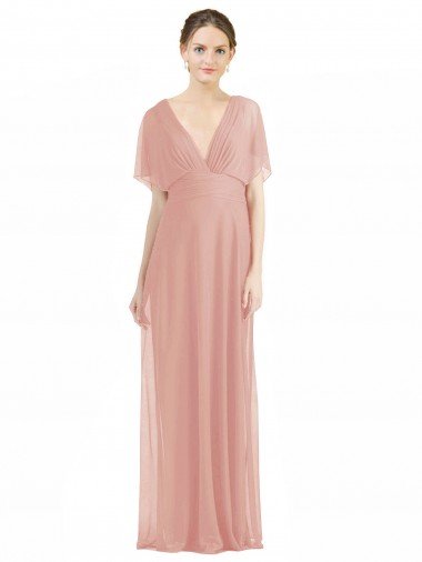Outlet Draped Short Sleeves Long Chiffon A-Line Bridesmaid Dress