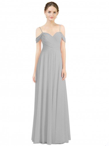 Outlet Off the Shoulder Long Chiffon Bridesmaid Dress with Ruched Bodice