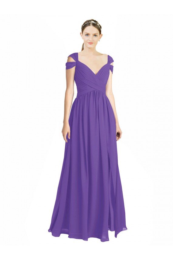 Outlet Off the Shoulder Cap Sleeves Chiffon Bridesmaid Dress with Pleats