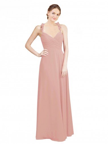 Outlet Ruched Sweetheart Halter Neckline Chiffon Bridesmaid Dress with Tie Open Back
