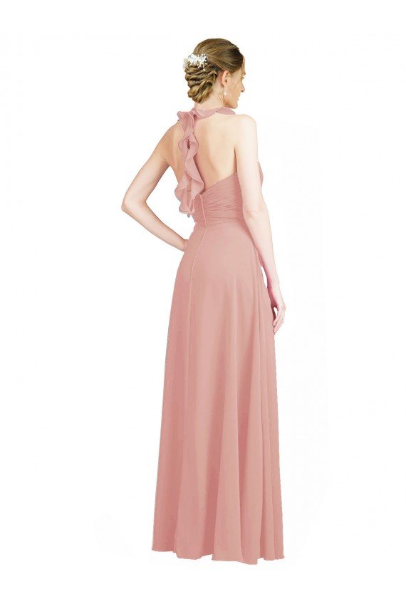 Outlet Ruched Sweetheart Halter Neckline Chiffon Bridesmaid Dress with Tie Open Back