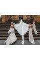 Outlet Chiffon Long Champagne Bridesmaid Dresses with Sexy High Slit and Front Ruffles
