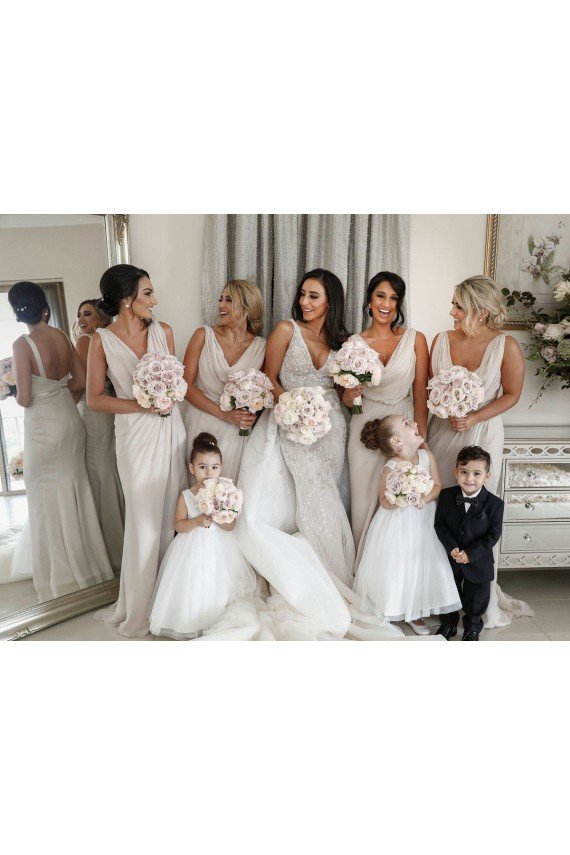 Outlet Chiffon Long Champagne Bridesmaid Dresses with Sexy High Slit and Front Ruffles