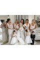 Outlet Chiffon Long Champagne Bridesmaid Dresses with Sexy High Slit and Front Ruffles