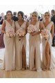 Outlet Chiffon Long Champagne Bridesmaid Dresses with Sexy High Slit and Front Ruffles