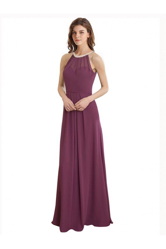 Outlet High Neckline Long Chiffon Bridesmaid Dress with Beaded Trim