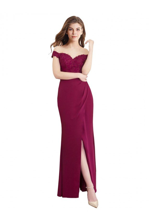 Outlet Off the Shoulder Chiffon Bridesmaid Dress with Lace Appliques and Front Slit