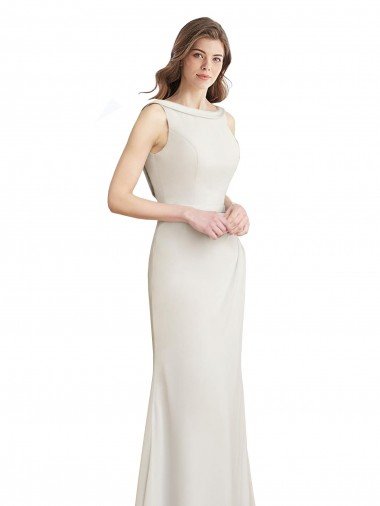Outlet Long Chiffon Bridesmaid Dress with Boat Neckline and Satin Collar