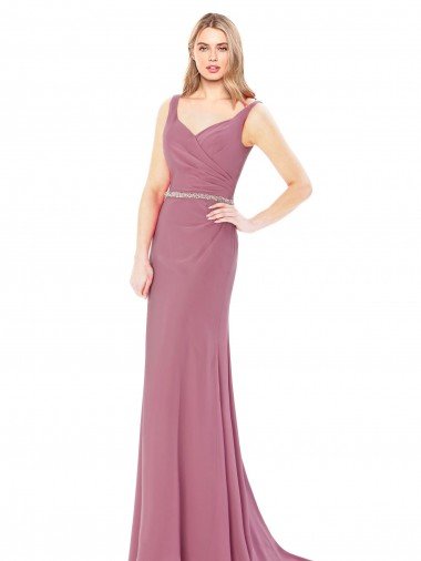 Outlet Long Slim Chiffon Bridesmaid Dress / Prom Dress with Beaded Waist