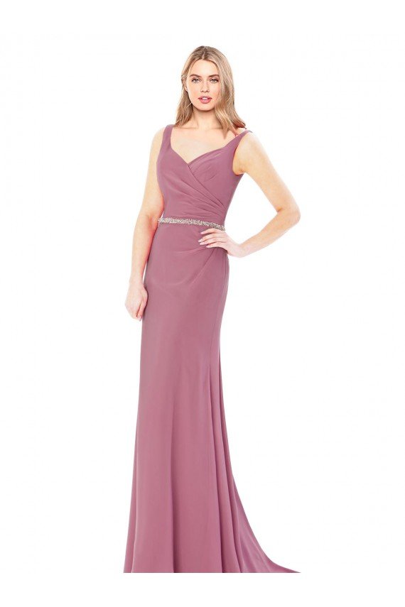 Outlet Long Slim Chiffon Bridesmaid Dress / Prom Dress with Beaded Waist