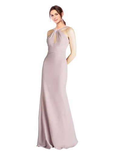Outlet Long Slim Chiffon Bridesmaid Dress with Ruffled Waist and Keyhole