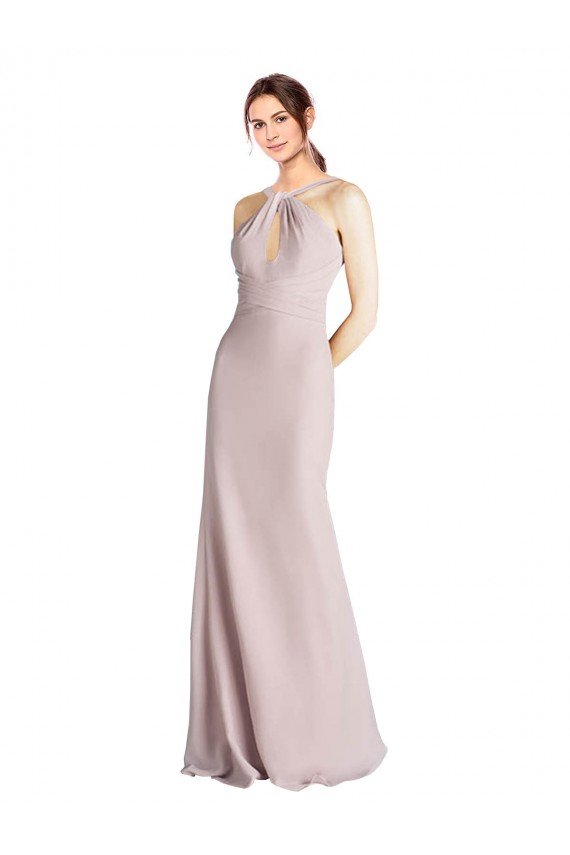 Outlet Long Slim Chiffon Bridesmaid Dress with Ruffled Waist and Keyhole