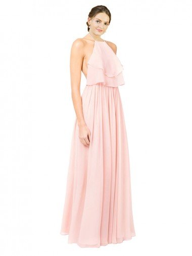 Outlet Halter Neck Chiffon Bridesmaid Dress with Double Ruffle Front