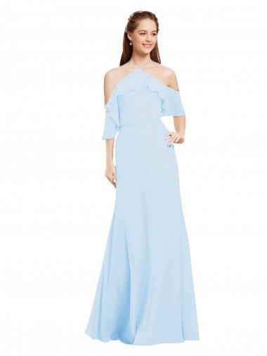 Outlet Chiffon Halter Neck Bridesmaids Dress with Flounced Neckline