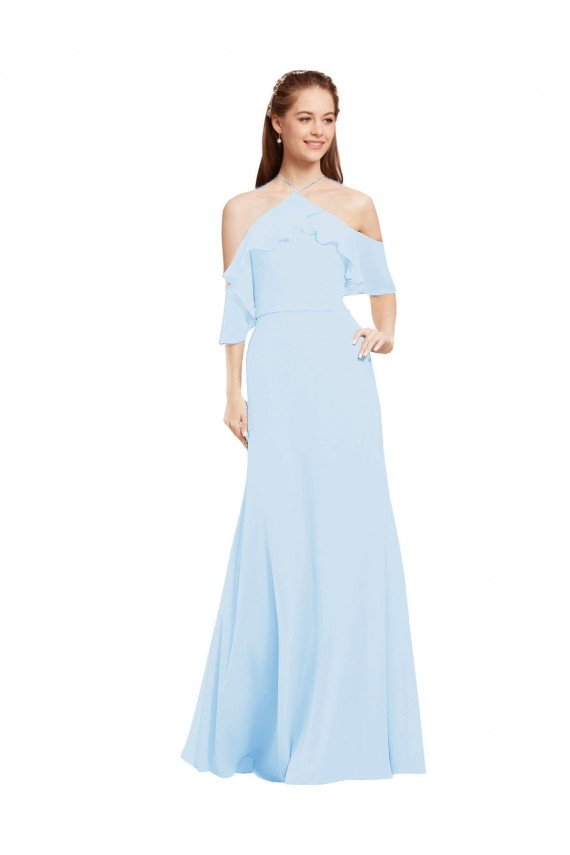 Outlet Chiffon Halter Neck Bridesmaids Dress with Flounced Neckline