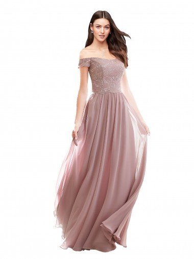 Outlet Floor Length Chantilly Lace Off the Shoulder Chiffon Bridesmaid Dress