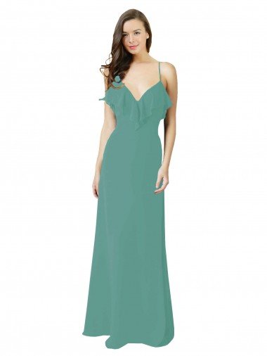 Outlet Full Length Chiffon Bridesmaid Dress with Ruffled V-Neckline