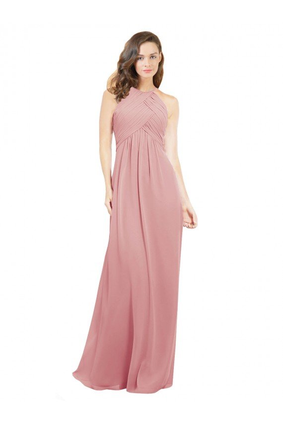 Outlet Chiffon Bridesmaids Dress with Draped Bodice and Keyhole Back
