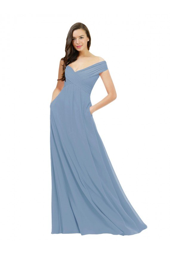 Outlet Chiffon Bridesmaid Dress with Classic Off the Shoulder Neckline