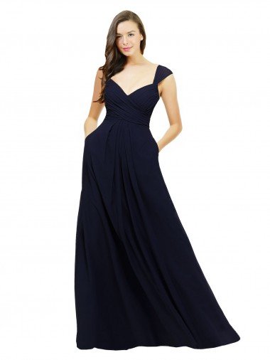 Outlet Chiffon Bridesmaid Dress with Rouched Draped Bodice and Watteau Back