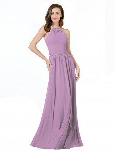 Outlet High Halter Chiffon Bridesmaid Dress with Ruffle Details Back
