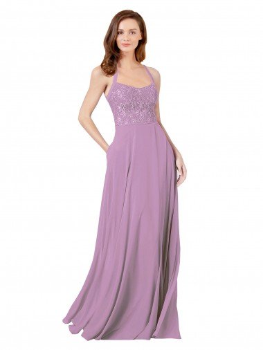 Outlet Floral Detailed Chiffon Bridesmaid Dress with Keyhole Back