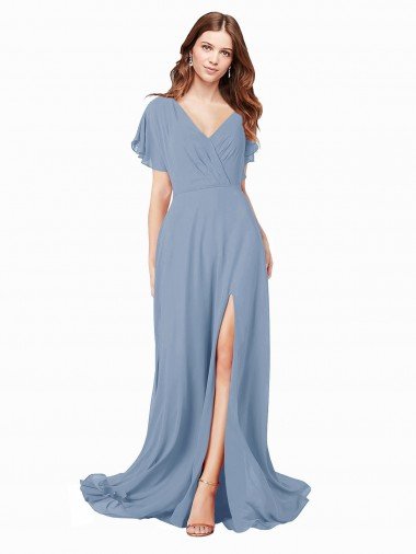 Outlet Chiffon Bridesmaid Dress / Prom Dress with Flutter Sleeves and Front Slit