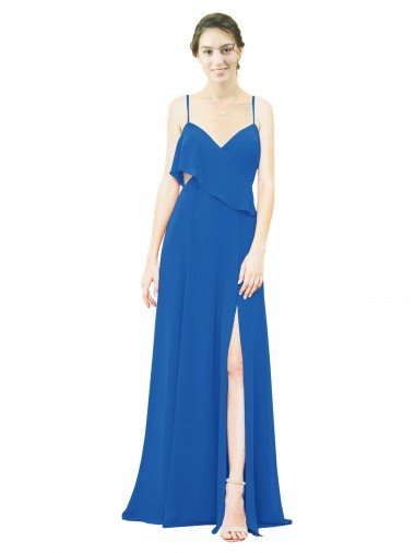 Outlet Spaghetti Strap Chiffon Bridesmaids Dress with Asymmetrical Ruffle and Front Slit