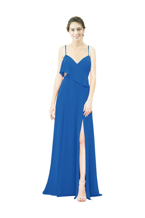 Outlet Spaghetti Strap Chiffon Bridesmaids Dress with Asymmetrical Ruffle and Front Slit