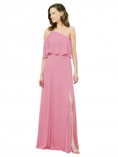 Outlet Sleeved One Shoulder Chiffon Bridesmaids Dress with Draped Ruffle Overlay