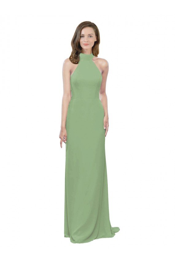 Outlet High Collar Halter Neck Chiffon Bridesmaid Dress with Long Back Tie