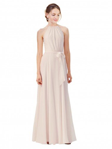 Outlet Tie Neck Long Chiffon A-Line Bridesmaid Dress with Sheer Back